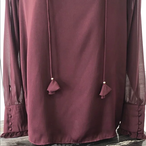 Women's Ruffle-Neck Long Sleeve Blouse – Women’s M – Rich Burgundy - Picture 4 of 13